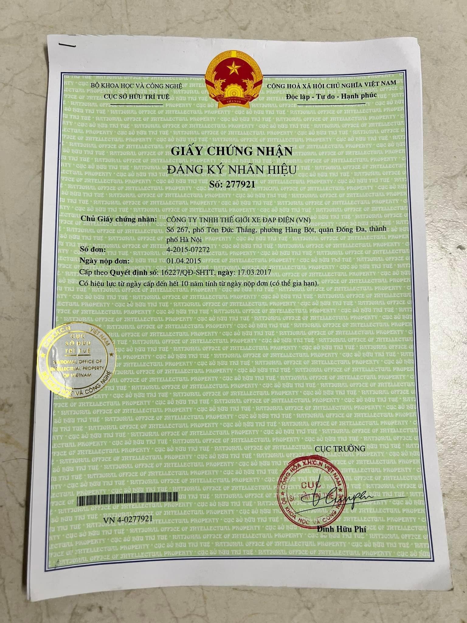 giấy chứng nhận thương hiệu Thế giới Xe điện