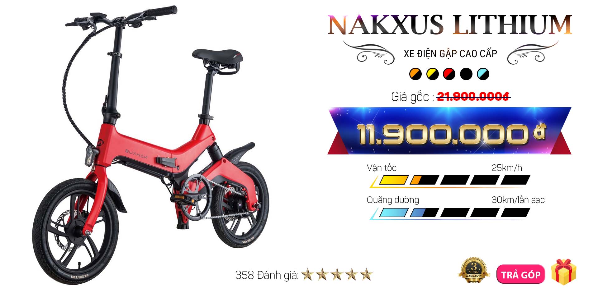 xe đạp điện gấp Nakxus Pin Lithium Ion khung đúc